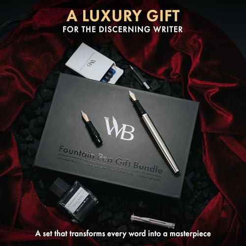 Wordsworth & Black Fountain Pen Set,18K Gilded Medium and Extra Fine Nib,25ML Black Ink Bottle,6 Ink Cartridges,Refill Converter,Gift Box,Smooth Writing Pen [Silver Chrome],Gift Set for Men and Women - color: Silver Chrome