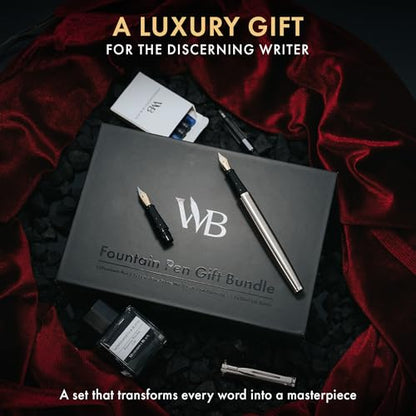 Wordsworth & Black Fountain Pen Set,18K Gilded Medium and Extra Fine Nib,25ML Black Ink Bottle,6 Ink Cartridges,Refill Converter,Gift Box,Smooth Writing Pen [Silver Chrome],Gift Set for Men and Women - color: Silver Chrome