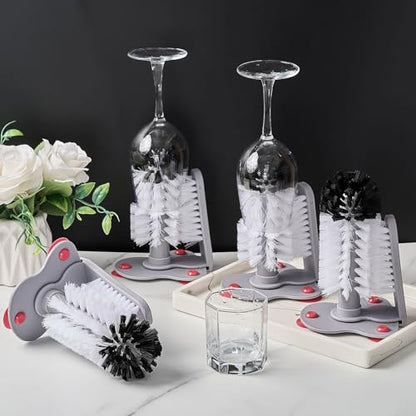 LemonRoad 4 Pack Cup Washer Brush for Sink, 7.48" x 4.92" x 7.48" Double Bristle Glass Washer with Suction Base, Hands-Free Cup Cleaner for Wine Glasses, Beer Mugs, Tumblers, Kitchen Bar Restaurant