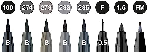 Faber-Castell Pitt Artist Pen, Black & Grey, B, F, 1.5, FM, 167171 Ink Pen, Pack of 8 - size: 8 Count (Pack of 1), style: Modern