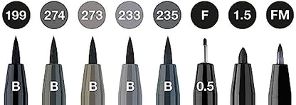 Faber-Castell Pitt Artist Pen, Black & Grey, B, F, 1.5, FM, 167171 Ink Pen, Pack of 8 - size: 8 Count (Pack of 1), style: Modern