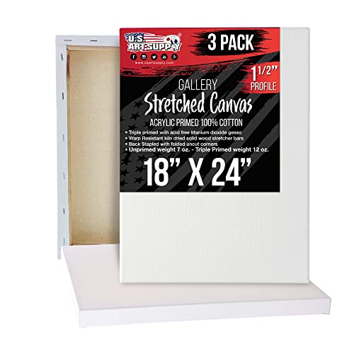 U.S. Art Supply Large Stretched Canvas for Painting 18x24 inch Gallery Depth 1-1/2" Thick, 3-Pack - 12oz Acrylic Gesso Triple Primed, Professional Artist Quality, 100% Cotton - Oil, Pouring Paint - size: 18" x 24"