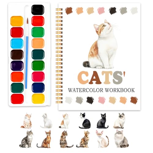 Easy Cat Watercolor Workbook for Beginners, Water Coloring Book, 18 Colors Watercolor Paint Set, 12 Patterns Watercolor Kit, Relaxing DIY Gift for Cat Lovers, Adults and Women Teen - color: cats