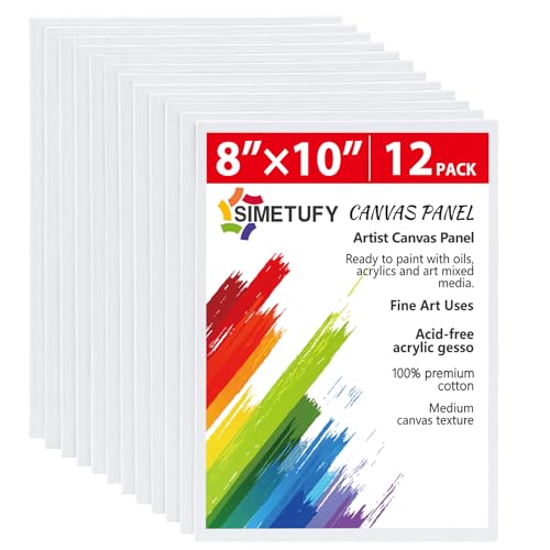 Simetufy 12 Pack 8x10 Canvas Boards for Painting, Blank Flat Canvas Panels Art Painting Supplies - Gesso Primed 100% Cotton for Acrylic Oil Watercolor Tempera Paint - size: 8"x10"