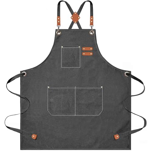AFUN Aprons for Men Women with Large Pockets, 16-Ounce Cotton Canvas Cross Back Apron - color: Grey