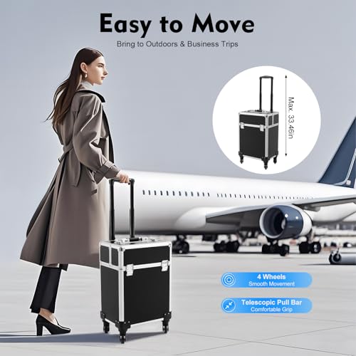 13.23lbs Lockable Makeup Train Case,Rolling Hairdressing Trolley,Beauty Salon Cosmetic Luggage with Universal Wheels for Hair Stylist,Make-up Artists (Black 7) - color: Black 7