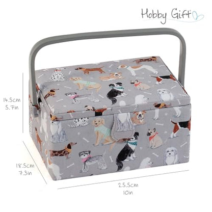 Hobby Gift Medium Sewing Box Organiser, Fabric Covered Storage Box with Handle, Internal Tray, Pin Cushion and Pocket for Sewing, Quilting and Knitting Supplies - color: Grey Dogs