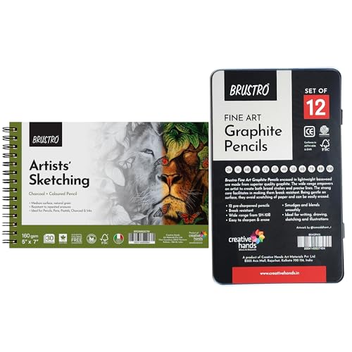 Brustro Sketching Wiro Pad,5x7 inches,160 GSM,30 Sheets with Graphite Pencil Set of 12 (10B–2H) Tin Box. Sketch and Drawing Gift - style: Graphite Pencil + 5x7 Sketchbook