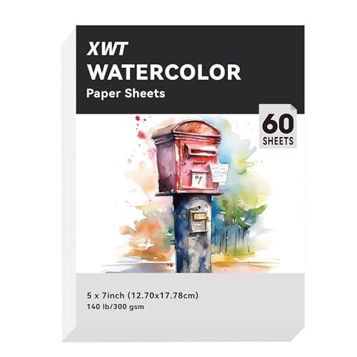 XWT 60 Sheets Watercolor Paper Bulk, 5x7in 140lb/300gsm, Cold Pressed Acid Free Natural White Textured Water Color Painting Art Supplies, Drawing Gift for Professional Adult Artists - size: 5x7in 60 Sheets