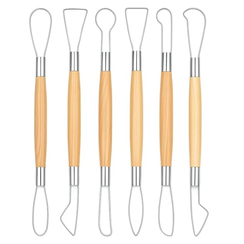 6Pcs Clay Carving Tools Double-Sided Clay Sculpting Tools Clays Wire Loop Sculpture Set Wooden Handle Ribbon Clays Tool Pottery Trimming Tool for Ceramic Wax Carving Ceramic Modeling