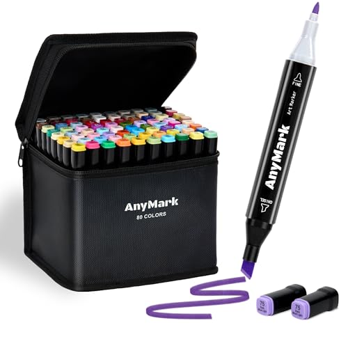 AnyMark Alcohol Markers, 80 Colors Dual Tip Art Coloring Markers Set for Adult Book Drawing Sketching Painting, Chisel & Fine, Black Penholder