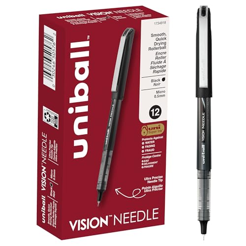 uniball Vision Needle Rollerball Pens, Micro Point (0.5mm), Black, 12 Pack - color: Black, size: 1 Count (Pack of 12), style: Needle Micro