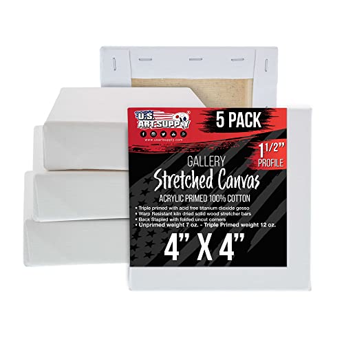 U.S. Art Supply 5-Pack Bulk Stretched Canvas for Painting 4 x 4 inch, Gallery Depth 1-1/2" Profile - 12oz Acrylic Gesso Triple Primed, Professional Artist Quality, 100% Cotton - Oil, Pouring Paint - size: 4" x 4"