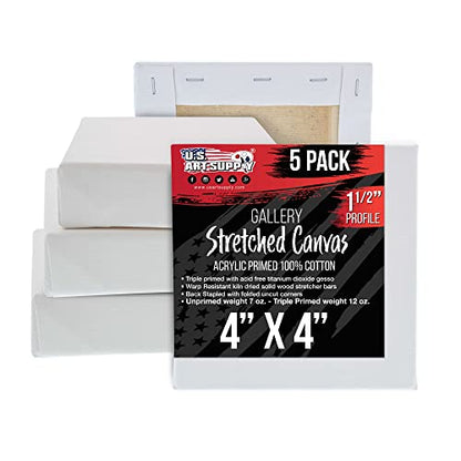 U.S. Art Supply 5-Pack Bulk Stretched Canvas for Painting 4 x 4 inch, Gallery Depth 1-1/2" Profile - 12oz Acrylic Gesso Triple Primed, Professional Artist Quality, 100% Cotton - Oil, Pouring Paint - size: 4" x 4"
