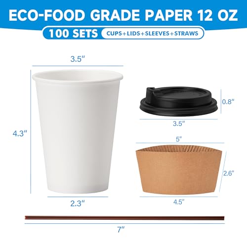 RACETOP 12 oz 100 Pack Disposable Paper Coffee Cups with Lids, Sleeves and Stirrers, Hot Cups, Paper Cups with Lids, Sleeves and Stirrers, Ideal for Home/Office - size: 12 oz