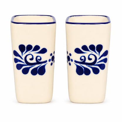 Hand-Painted Mexican Ceramic Shot Glasses, Square Tequilero Cups – 2 oz Each, Set of 2 – Colonial White with Blue Design – Tequila, Mezcal & Sangrita - White Cuadrado