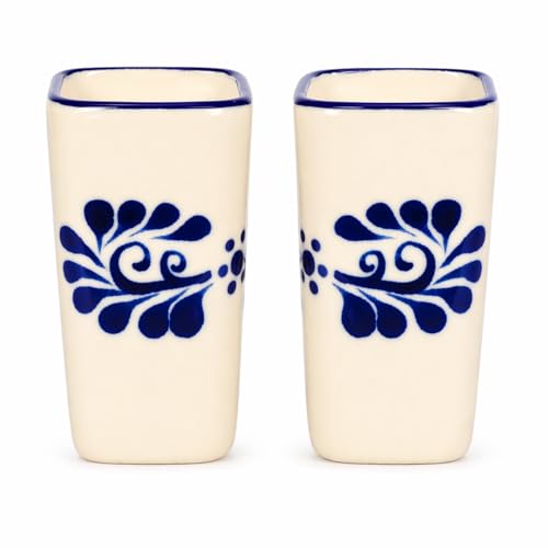 Hand-Painted Mexican Ceramic Shot Glasses, Square Tequilero Cups – 2 oz Each, Set of 2 – Colonial White with Blue Design – Tequila, Mezcal & Sangrita - White Cuadrado