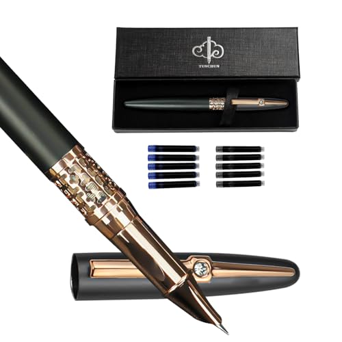 YUNCHUN Refillable Fountain Pen Fine Nib, Fancy Ink Pen with 10 Black & 10 Blue Ink Refills Cartridges, Cool Ink Pens for Writing, Business Metal, Best Gift Set for Men & Women, Blcak - color: Black, style: Fine Point