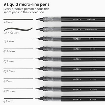 ARTEZA Micro-Line Ink Pens, Set of 9, Black Fineliners with Japanese Archival Ink, Art Supplies for Comic Artists and Illustrators - size: 1 Count (Pack of 9)