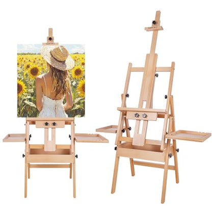 Large Horizontal Wooden H-Frame Studio Easel with Storage Drawer and Palettes, Solid Beechwood Painting Easel for Students, Beginners, and Artists, Hold Canvas to 50Inches High - style: Horizontal Natural