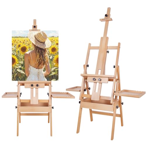 Large Horizontal Wooden H-Frame Studio Easel with Storage Drawer and Palettes, Solid Beechwood Painting Easel for Students, Beginners, and Artists, Hold Canvas to 50Inches High - style: Horizontal Natural