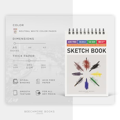 BEECHMORE BOOKS 5.6"x8.5" Spiral Sketchbook – 140 GSM Acid-Free Paper, 100 Perforated Pages, A5 Art Sketch Pad for Drawing & Sketching, Artists, Adults - size: A5 (5.6" x 8.5")