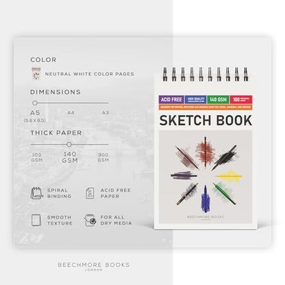 BEECHMORE BOOKS 5.6"x8.5" Spiral Sketchbook – 140 GSM Acid-Free Paper, 100 Perforated Pages, A5 Art Sketch Pad for Drawing & Sketching, Artists, Adults - size: A5 (5.6" x 8.5")