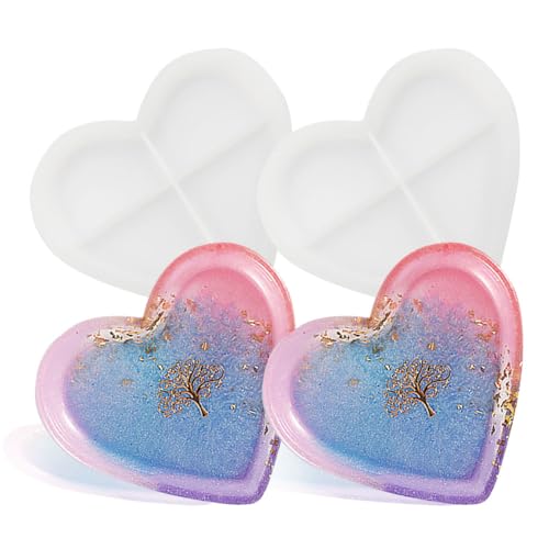 BIGEBO 2 PCS Small Heart Shape Tray Resin Molds | Heart Shaped Jewelry Plate Dish Bowl Silicone Mold for Epoxy Resin Cute Containers Fruit Snack Tray Candles Holder Soap