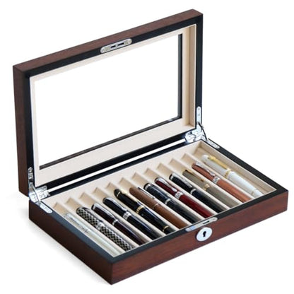 Fountain Pen Display Case with 12 Pens, Wood Pen Display Box, Lockable Pen Storage Box with Glass Top, Pen Box Organizer, Pen Collection Display Case (Brown with White Velvet) - color: Brown 12 Slots, White Velvet
