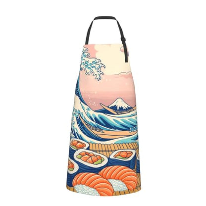 KKdskkds Tribal Boho Geometric Multi-Purpose Adjustable Waterproof Apron With Pocket For Men Women - color: Sushi Wave and Fujiyama