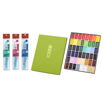 Kuretake GANSAI TAMBI Watercolor Paint Set 48 Colors with 3pcs Water Brush Pens,Professional-Quality, for Artists, Beginners, kids, Non-Toxic, Made in Japan