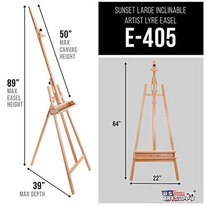 U.S. Art Supply 64" to 89" Sunset Medium A-Frame Wood Easel, Lyre Style Studio Easel - Wooden Artists Floor Stand, Sturdy, Adjustable Height to 48" Canvas - Painting, Drawing, Sign Display