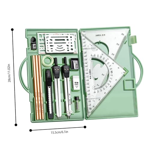 Professional Geometry Set(16Pcs) - Geometry Kit For Artists And Students | Geometry Set With Metal Rulers | Triangle Ruler Compass Protractor Set | Architecture Drawing Pencils Drafting Set - color: Green
