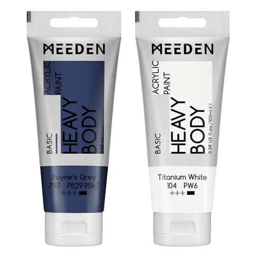 MEEDEN Acrylic Paint Payne's Grey: 100ml/3.38oz Heavy Body Acrylic Paint Tube Bundled with Additional Titanium White Color for Art Craft Painting - color: Payne's Grey, size: 2 Tubes