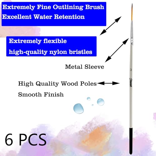 Sdanart Script Liner Paintbrush 6 PCS Highly Flexible Liner Brush Extra Long Fine Point Tip Pinstriping Scroll Outlining Brush for Acrylic Watercolor Oil Gouache