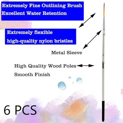 Sdanart Script Liner Paintbrush 6 PCS Highly Flexible Liner Brush Extra Long Fine Point Tip Pinstriping Scroll Outlining Brush for Acrylic Watercolor Oil Gouache