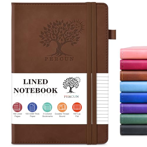 PERCUN A5 Leather Notebook Journal, 160 Lined Pages, 5.9" x 8.5" Brown | Leather Journal for Men Women, Hardcover Notebooks for work, school, business, travel diary, Note taking & Daily Journaling - color: Brown, size: Lined Page