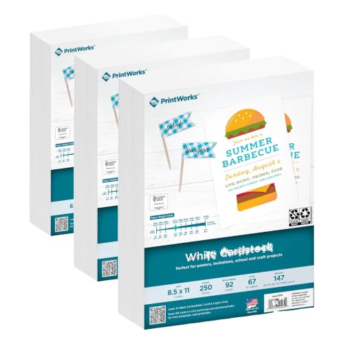 PrintWorks White Cardstock 8.5" x 11" - 67 lb/147 gsm Vellum Bristol-250 Sheets-Made in the USA-SFI® Certified-92 Bright-Card Stock Printer Paper for School,Craft,&Office Use (00564), (Pack of 3) - size: 250 Sheets (Pack of 3)