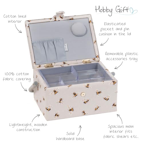 Hobby Gift Medium Sewing Box Organiser, Fabric Covered Storage Box with Handle, Internal Tray, Pin Cushion and Pocket for Sewing, Quilting and Knitting Supplies - color: Bee