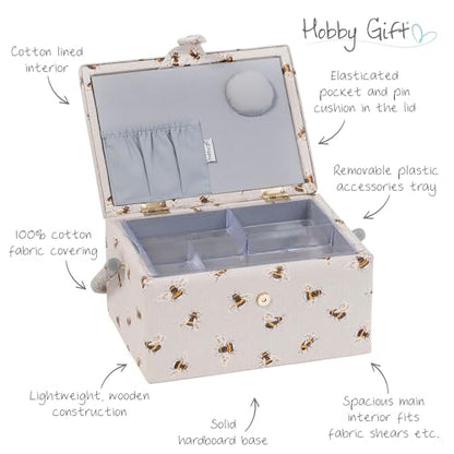 Hobby Gift Medium Sewing Box Organiser, Fabric Covered Storage Box with Handle, Internal Tray, Pin Cushion and Pocket for Sewing, Quilting and Knitting Supplies - color: Bee