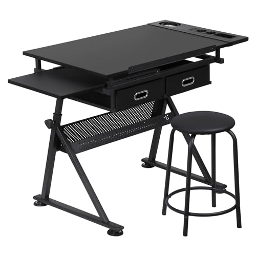 ZENY Adjustable Drafting Table with Stool, Tilting Drawing Desk Artist Table with Storage Drawers, Art Craft Workstation for Home Office Reading, Writing, Crafting - color: Black