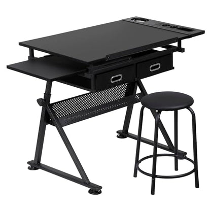ZENY Adjustable Drafting Table with Stool, Tilting Drawing Desk Artist Table with Storage Drawers, Art Craft Workstation for Home Office Reading, Writing, Crafting - color: Black