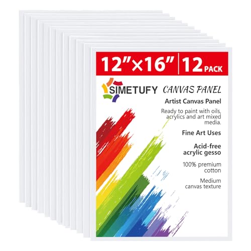 Simetufy 12 Pack 12x16 Inch Large Canvas Boards for Painting Flat Canvas Panels, Gesso Primed Acid-Free 100% Cotton for Acrylic Oil Watercolor Tempera Paint - size: 12"x16"