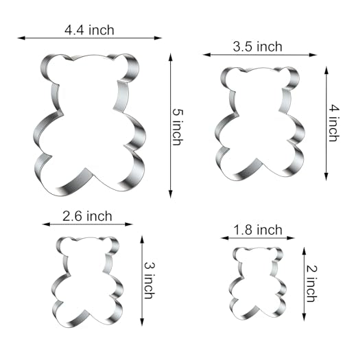 Teddy Bear Cookie Cutter Set - 5 inch, 4 inch, 3 inch, 2 inch - 4 Piece Cartoon Animal Cookie Cutters Shapes Biscuit Fondant Clay Molds - Stainless Steel