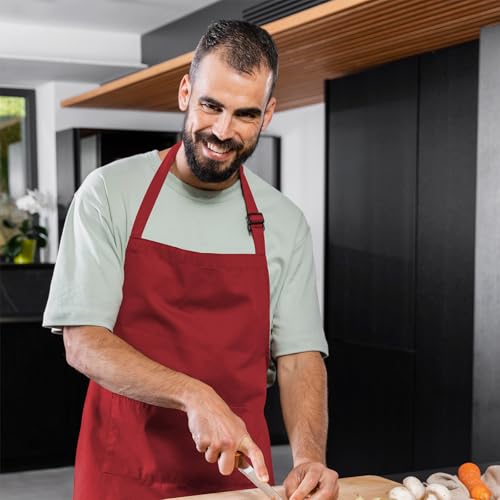 Adjustable Bib Apron 100% Polyester Kitchen Aprons Waterdrop Resistant Aprons with Adjustable Strap, Pockets & Long Ties - color: Red, style: Pack of 12