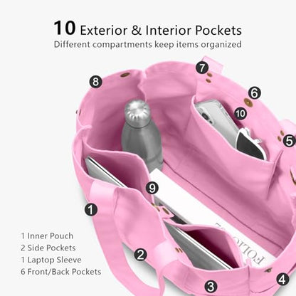 TOPDesign Large Canvas Tote Bag for Women, Shoulder Bag with Laptop Sleeve & Pockets, Everything Tote for Travel, Work (Light Pink) - color: Light Pink