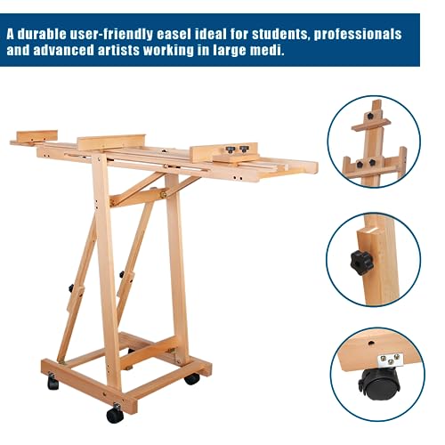 H-Frame Beech Wood Easel, 56-91 Inch Adjustable Height Painting Easel Tilting Flat Floor Art Stand with Lockable Wheels for Sketch Oil Drawing Home Studio Display