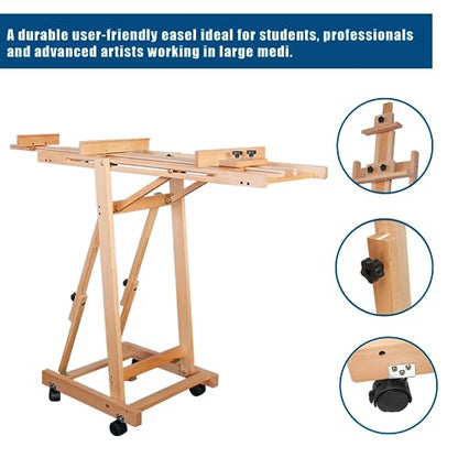 H-Frame Beech Wood Easel, 56-91 Inch Adjustable Height Painting Easel Tilting Flat Floor Art Stand with Lockable Wheels for Sketch Oil Drawing Home Studio Display