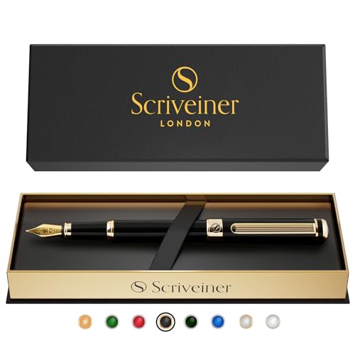 Scriveiner Luxury Fountain Pen - Stunning Black Lacquer Pen, Real Gold Finish, Schmidt Gilded Nib (Broad), Converter, Best Pen Gift Set for Men & Women, Professional, Executive, Office, Nice Pens - color: 1. Black with Gold, style: Broad Nib
