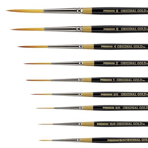 KINGART Original Gold 9050 Script Liner Series, Premium Golden Taklon Multimedia Artist Brushes, Sizes: 18/0, 10/0, 6/0, 2/0, 1, 2, 4, 6, 8, Set of 9